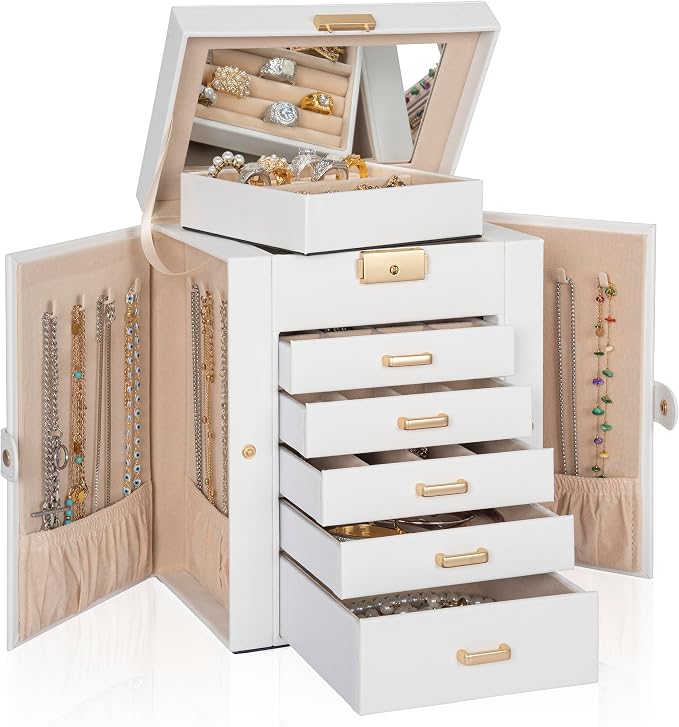 AKOZLIN 6-Tier Jewelry Box Lockable Leather Jewelry Storage Case with 5 Drawers for Women Girls Ring Necklace Earring Bracelet Holder Organizer with Mirror - Image 8
