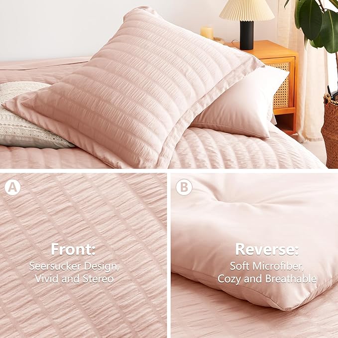 CozyLux King Size Comforter Set Blush Pink Seersucker 7 Pieces Bed in a Bag King Comforter Set with Sheets, Luxury Soft Bedding Sets with Down Alternative Comforter, Sheets, Pillowcases & Shams