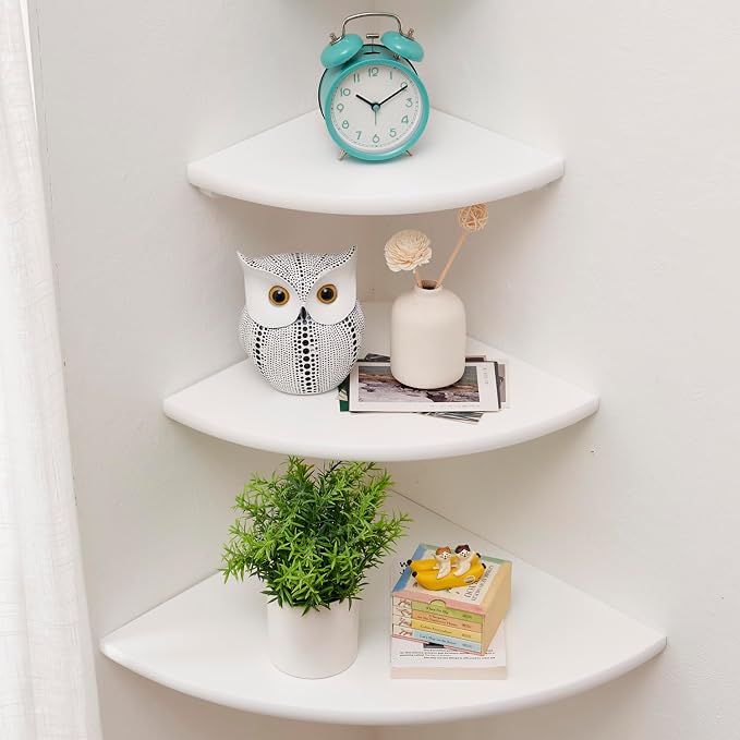Corner Shelves, Floating Corner Shelf, Set of 3 Solid Oak Wood Corner Wall Shelves, Round End with Wire Hole Shelving for Small Plant for Bedroom Kitchen, Living Room (Size 9/10/12in) by Coamily