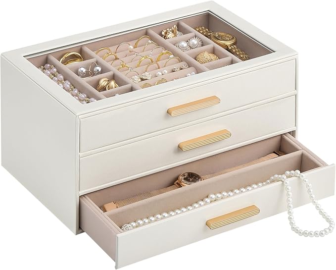 Lolalet Jewelry Box Organizer, 3-Layer Jewelry Organizers and Storage Case with Glass Lid, Ring Earring Bracelet Necklace Holder Organizer, Mothers Day Gifts for Mom, Women Girls -3Layer, Beige by Lolalet