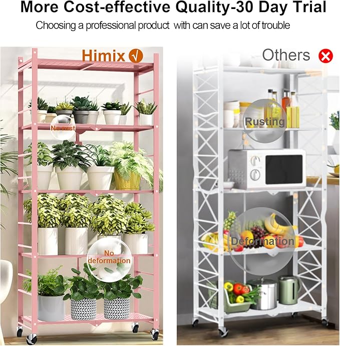 Himix Storage Shelves with 20 Hooks, 5-Tier Foldable Shelves for Storage, Folding Shelf Unit Pantry Shelves with Wheels, Standing Shelving Unit for Kitchen Garage Home Office Room Greenhouse, Pink - Image 6