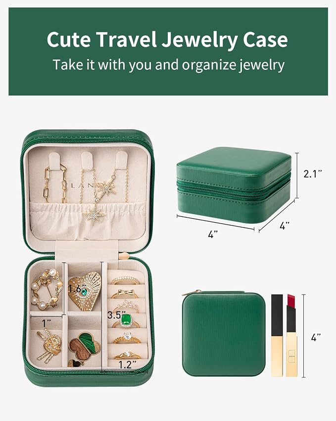 VLANDO Small Travel Jewelry Box Organizer - Girls Women Gift Rings Earrings Necklaces Jewelry Storage Display Case Dark Green - Image 5