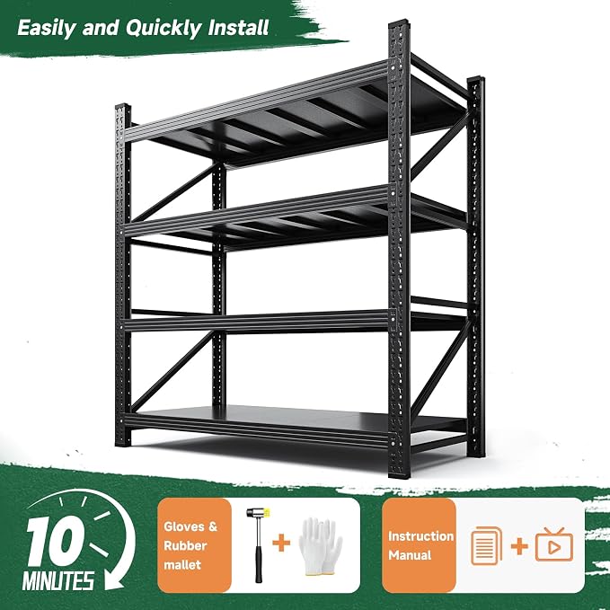 Letaya 3000LBS Storage Shelves Heavy Duty,70" H Garage Shelving Units, 4 Tier Adjustable Utility Rack Shelf,Large Metal Industrial Shelves,for Shop,Warehouse,Basement,Black (48" W x 24" D x 70" H) - Image 8