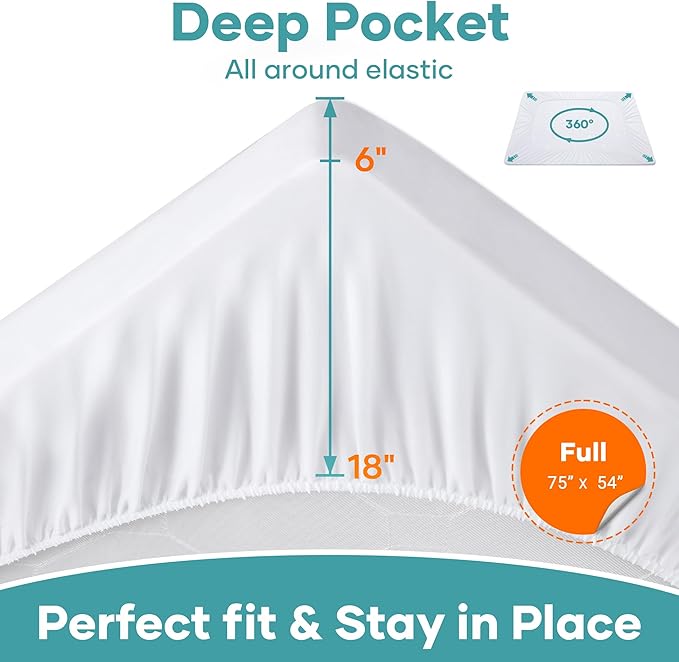 OhGeni Waterproof Mattress Protector, Full Size Fitted Sheet with Deep Pocket,6''-16'' Washable Hypoallergenic Mattresses Cover,Noiseless Soft Mattress Pad,Urine,Bedroom Essential,Pee & Dirt-Proof