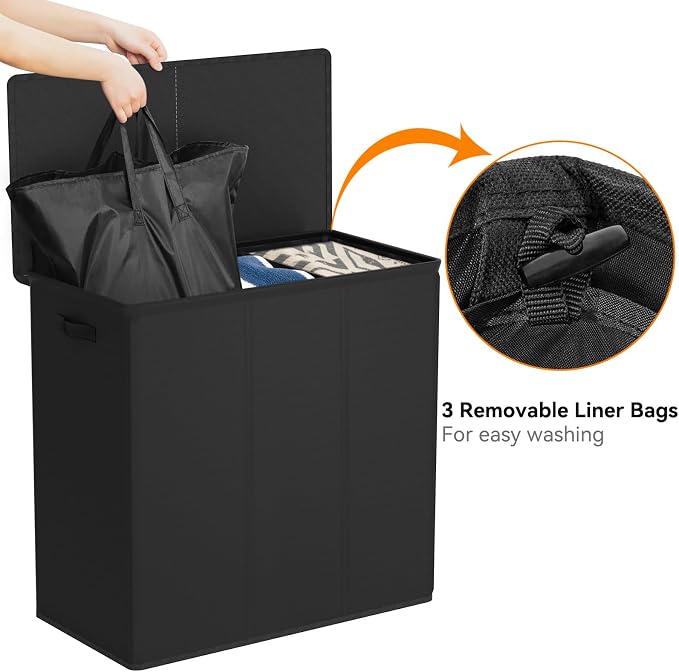 WOWLIVE 180L Laundry Hamper with Lid 3 Section,Large Laundry Basket with Removable Bags and Handles,Collapsible Dirty Clothes Hampers for Laundry,Laundry Basket Organizer for Laundry Room,Dorm,Black - Image 6