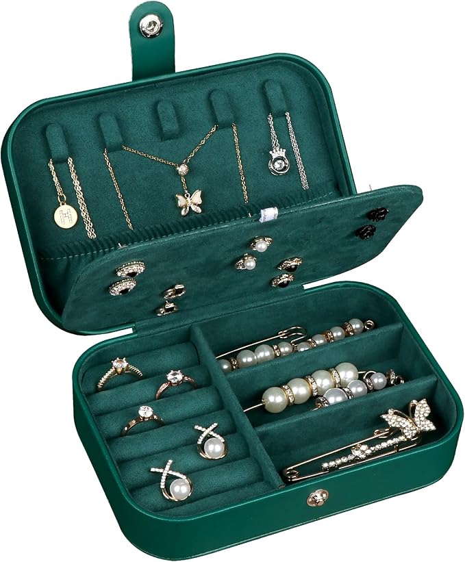 Hatori Travel Jewelry Box, PU Leather Small Jewelry Organizer for Women Girls, Portable Mini Travel Case Display Storage Holder Boxes for Stud Earrings, Rings, Necklaces, Bracelets (Ink Green) by SAJOMA