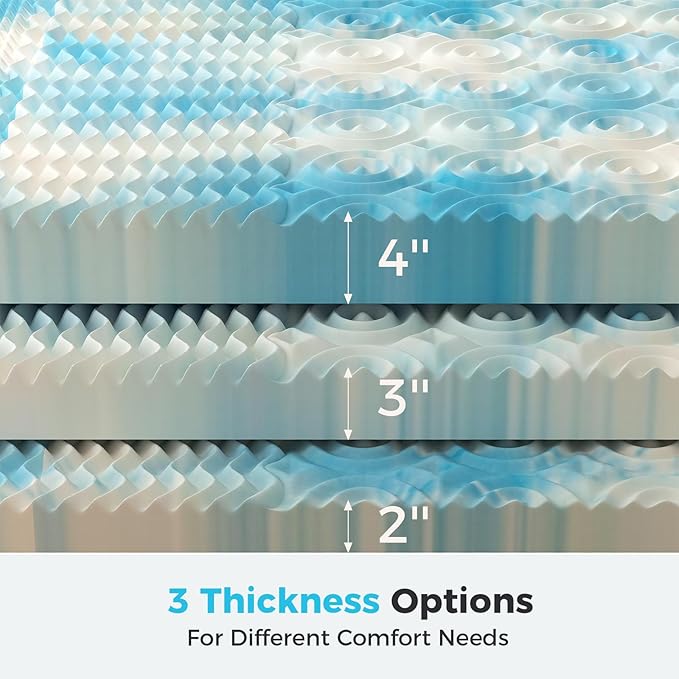 DUMOS 4 Inch Memory Foam Mattress Topper Queen, 5-Zone Cooling Gel Infused Pressure Relief Mattress Pad for Back & Hip Pain, Soft Dorm RV Camping Bed Topper, Blue