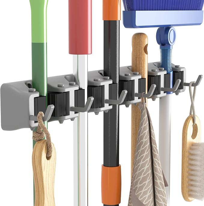 Lifewit Mop and Broom Holder Wall Mount, Anti-Slip Broom Hanger for Cleaning Supplies Organizer, Easy Install Tool Hanging Rack for Closet, Kitchen, Garage, 5 Slot 6 Hooks, Hold 30lbs, Gray, 1 Pack by Lifewit