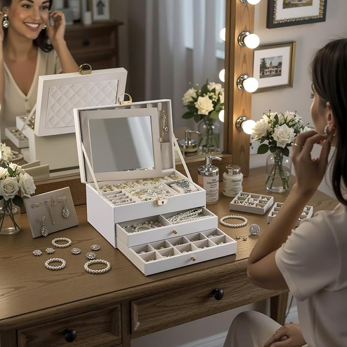 3 Layer Jewelry Boxes for Women with Mirror Large Jewelry Organizer Box with 2 Jewelry Organizer Drawer PU Lockable Elegant Unique Gifts for Women, White - Image 4