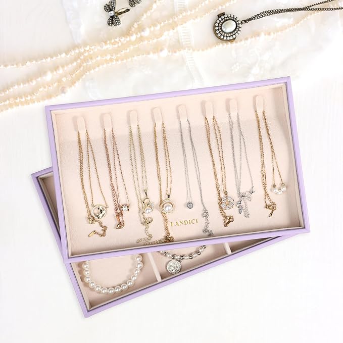 LANDICI Stackable Jewelry Organizer Trays 4 Set,PU Leather Jewelry Organizer Drawer,Jewelry Storage Display Tray for Earring Necklace Rings Bracelet with Removable Dividers,Lavender - Image 4