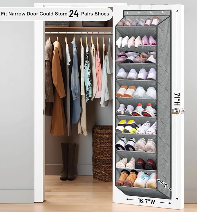 SLEEPING LAMB Over The Door Shoe Organizer for Closet with Large Deep Pockets, Narrow Shoe Rack for Door Hanging Boots Storage, Grey - Image 2