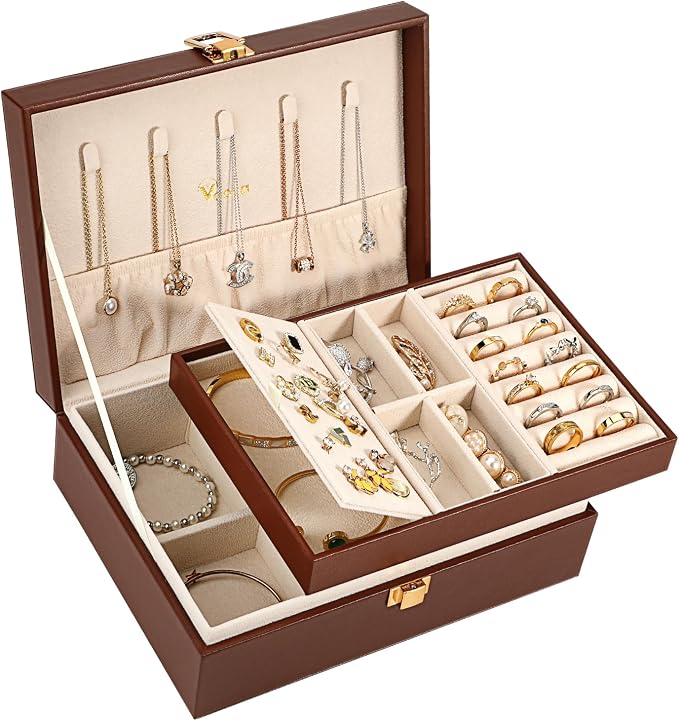 Voova Jewelry Box Organizer for Women Girls, 2 Layer Large Men Jewelry Storage Case, PU Leather Display Jewellery Holder with Removable Tray for Necklace Earrings Rings Bracelets, Caramel Brown by Voova