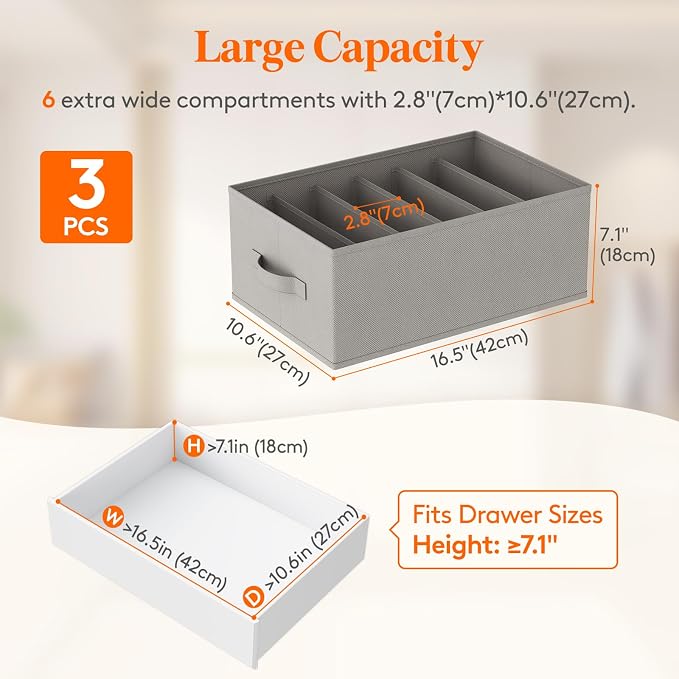 Lifewit 3 Pack Clothes Organizer, 6 Grids Closet Jean Storage Bins with Handles and Support Boards, Foldable Drawer Organizer for Sweater, Pants, T-shirt, Dress, Grey, 42 x 27 x 17 cm/16x10x7'' - Image 2