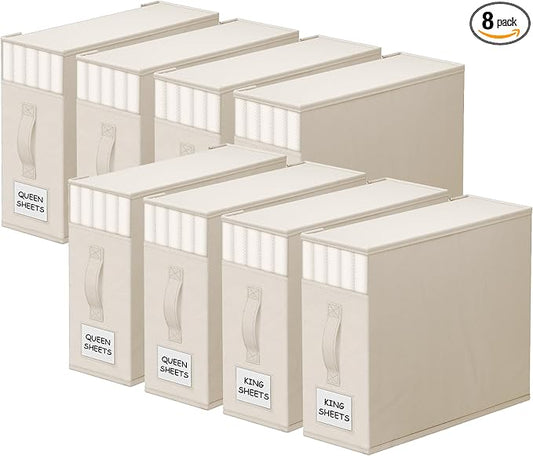 StorageTastic 8 Pack Bed Sheet Closet Organizers and Storage,Sturdy Foldable Storage Containers with Window and Label,Storage and Organization for Bedding Sheets,Duvet Covers,Blankets (Beige) by StorageTastic