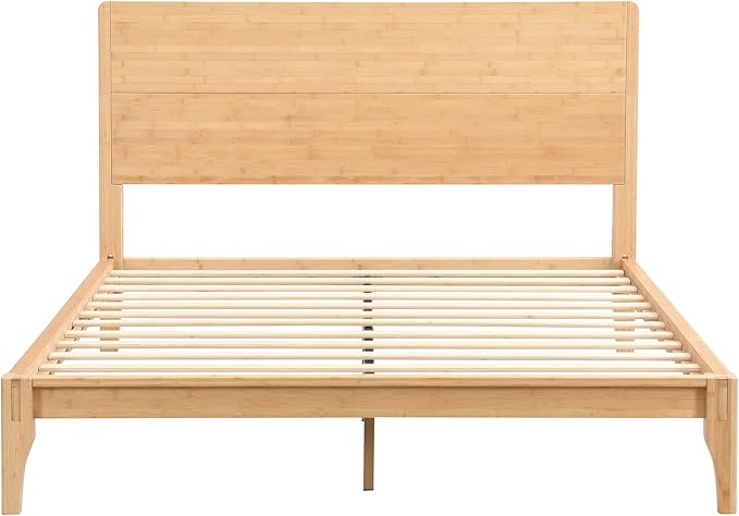 Merax Queen Size Bamboo Platform Bed, Mid-Century Modern Bed Frame with Tall Headboard, Solid Sustainable Bedframe Queen-Size, Wood Slat Support, No Box Spring Needed, Easy Assembly, Natural