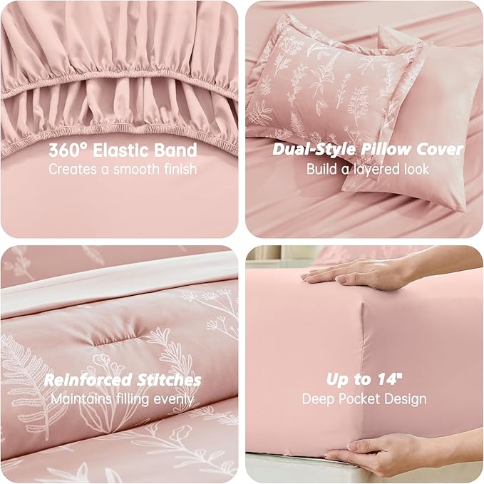 MUXHOMO Cameo Pink Twin Comforter Set, Elegant Floral Print Bed in a Bag 5 Pieces, Ultra Soft & Breathable Reversible Botanical Pattern Bedding Set with Comforter, Sheets, Pillowcase, and Sham