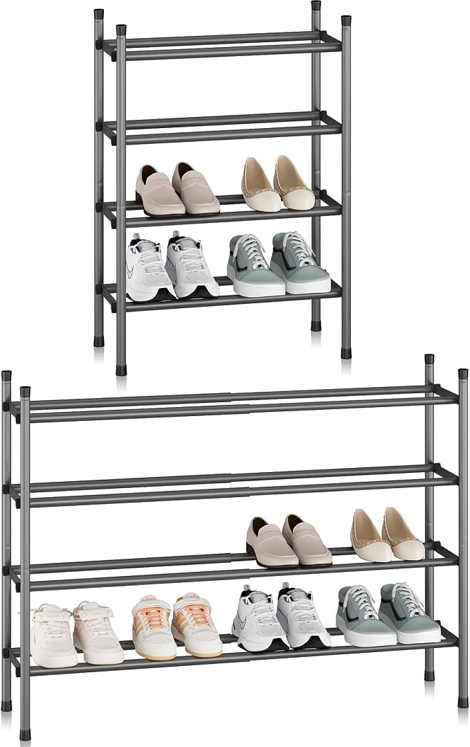 STORAGE MANIAC Expandable Shoe Rack, 16 Pairs Stackable Small Shoe Rack, Metal Adjustable Shoes Organizer for Closet, Entryway, Hallway, Garage, Front Door, Shoes Shelves, Black 4 Tier by STORAGEMANIAC
