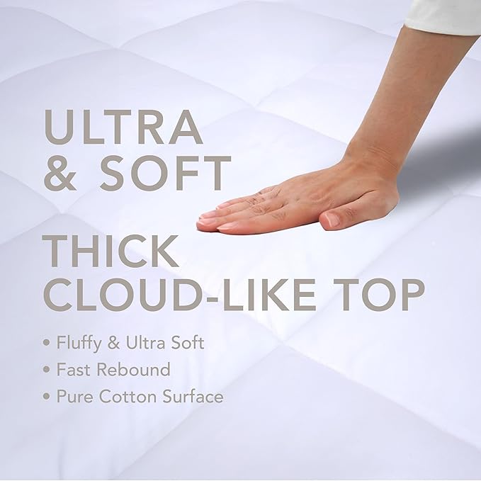 Epitex Mattress Topper Queen Size, 3 Inch Extra Thick and Plush Pillow Top Mattress Pad for Support, Breathable Cotton Cover with 16'' Deep Pocket Design, Skid-Proof Bottom, White