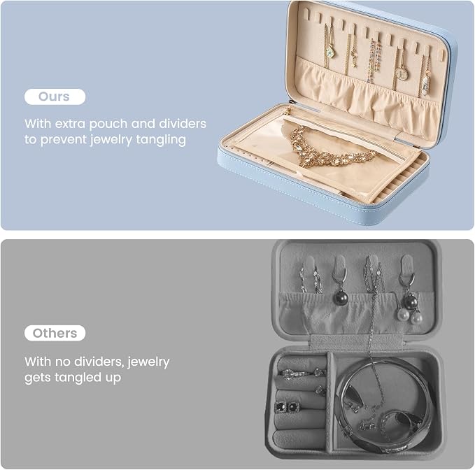 Lolalet Travel Jewelry Case for Women Girls, Travel Jewelry Organizer Box with Mirror & Clear Storage Bag, Small Portable Earring Necklace Bracelet Ring Case, Birthday Valentine Gifts -Large, Blue - Image 3