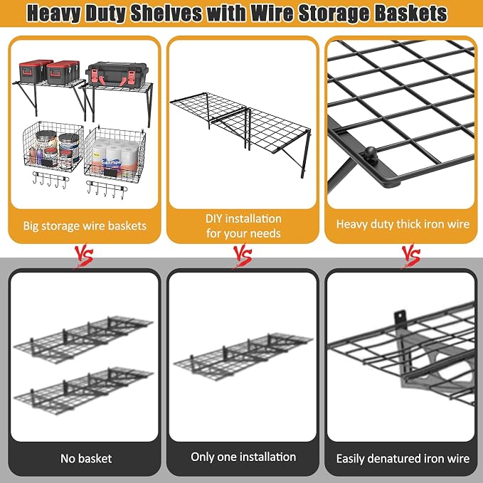 ThreeHio 2 Pack Garage Shelves Wall Mounted with Wire baskets, Heavy Duty Garage Wall Shelving with Hooks, Wire Shelf Baskets Tool Organizer for Home Garden Garage Organization and Storage - Image 8