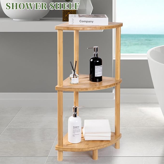 Corner Shower Caddy Stand, Bamboo Shower Organizer Standing with Anti-Slip Feet, Bathroom Corner Shelf,Waterproof & Durable, Space-Saving Design Storage for Kitchen or Living Room - Image 7