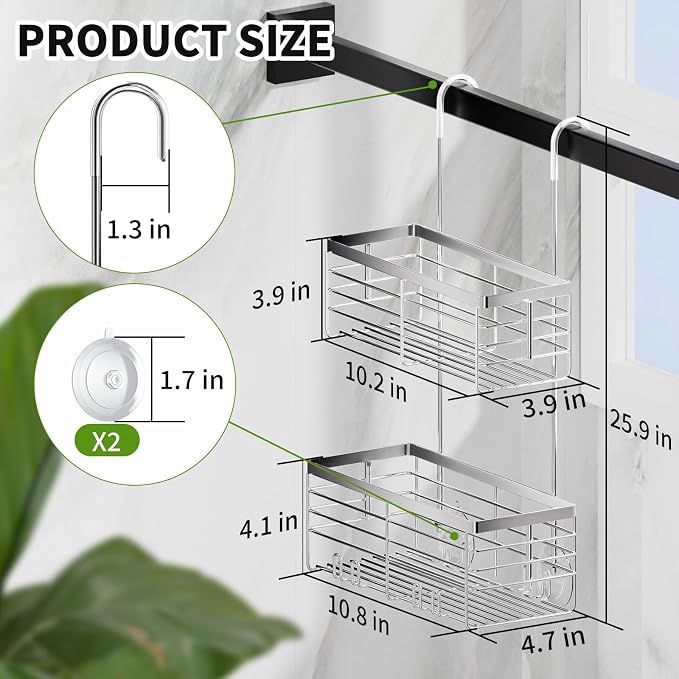 SHANSHUI Shower Hanging Caddy, Double Bathroom Showers Organizer Basket, Shampoo Bracket, Over Door Shower Rack with Hooks, 304 Stainless Steel Rustproof - Image 6