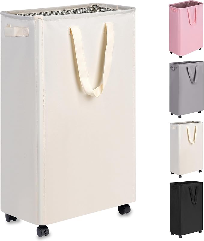 Slim Laundry Hamper with Wheels, Rolling Laundry Basket for Clothes, Small Laundry Basket for Bedroom, Dorm and Laundry Room, 75L (19.8 Gallons) Beige by efluky