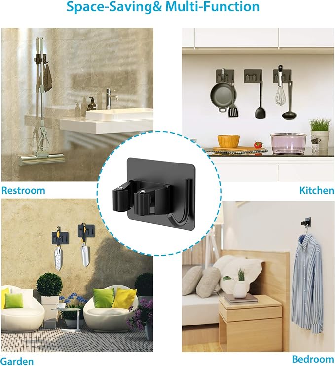 homeasy Mop Broom Holder No Drill, Mop Broom Organizer Wall Mounted Heavy Duty with Hooks Hanger, Self Adhesive Stainless Steel 4Pcs for Bathroom, Kitchen, Office (Black) - Image 8