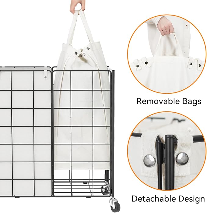WOWLIVE Double Laundry Hamper with Wheels,Metal Wire Frame Rolling Laundry Basket with 2 Removable bags,120L Dirty Clothes Hamper Organizer Dorm Room Storage for Bedroom,Bathroom,Black and White - Image 6