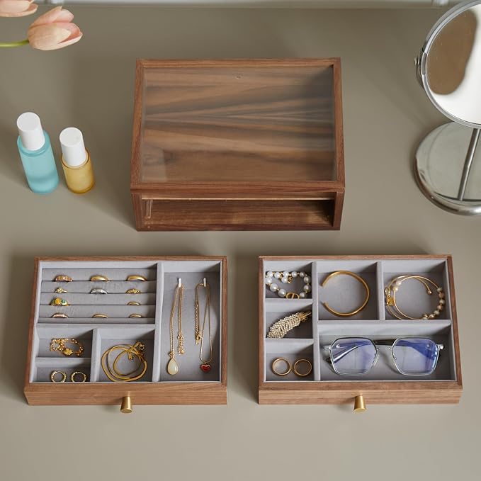 Black Walnut Jewelry Organizers and Storage,2 Layer Wooden Jewelry Boxes for Women,for Necklaces Ring Earring (2 Layer) - Image 4