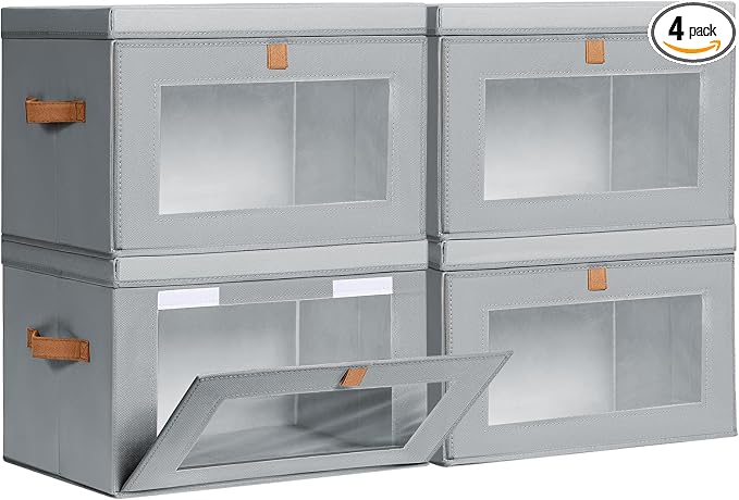 Homsorout Large Closet Storage Bins - Collapsible Storage Bins with Handles & Window, Fabric Cube Organizer with Lids, Decorative Boxes for Living Room, Closet, Dorm, 4 Pack, Grey by Homsorout