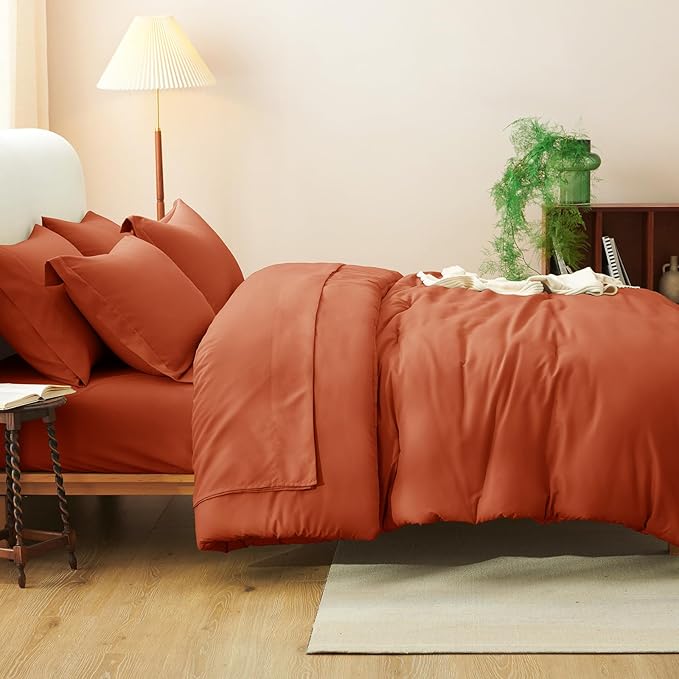 CozyLux Queen Comforter Set Burnt Orange, 7 Pieces Bed in a Bag Queen Size Comforter Set with Sheets, Terracotta Bedding Sets with Down Alternative Comforter, Sheets, Pillow Shams and Pillowcases