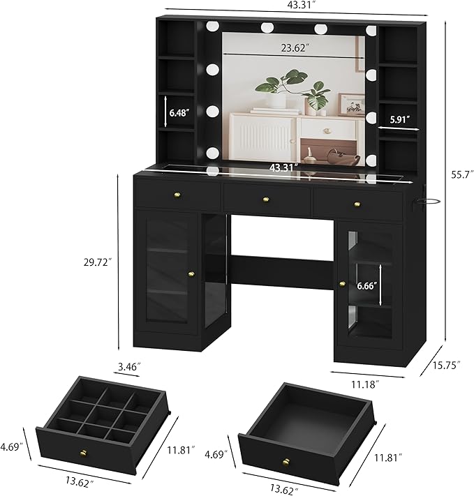 HUANLEGO Black Vanity Desk with Mirror and Lights, Glass Top Vanity with Lighted Mirror & RGB Glass Cabinet and 3 Drawers, Makeup Vanity Desk with Lights Dressing Table for Bedroom, 3 Color Modes
