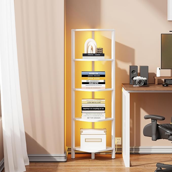 TUTOTAK Corner Shelf with LED Light, 5-Tier Corner Bookshelf for Small Space, Narrow Display Corner Shelf Stand with Storage Rack, for Living Room, Bedroom, White BS08BW005L by ChoosetutotakFurnitureBuildYourCozyHome