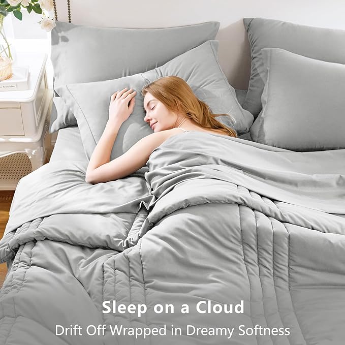 CozyLux Queen Comforter Set - 7 Pieces Bed in a Bag Light Grey Comforter Set with Sheets Luxury Bed Set All Seasons, Soft Bedding Set with Down Alternative Comforter, Sheets, Pillowcases & Shams