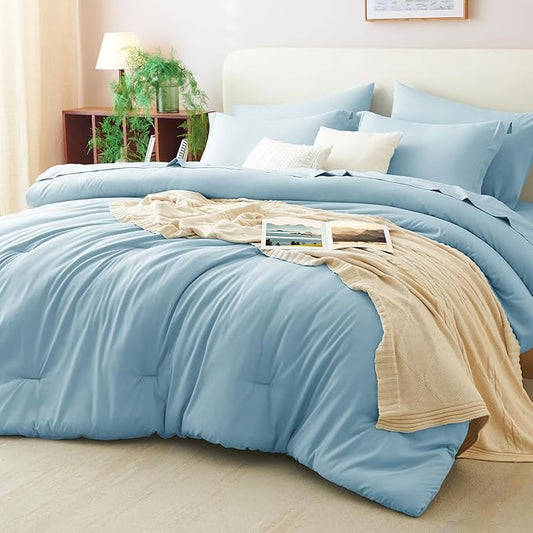 CozyLux Full Size Comforter Sets Light Blue, 7 Pieces Bed in a Bag Full Comforter Set with Sheets, Luxury Bedding Set with Down Alternative Comforter, Fitted Sheet, Flat Sheet, Pillowcases & Shams