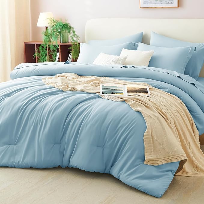 CozyLux King Size Comforter Set Light Blue, 7 Pieces Bed in a Bag King Comforter Set with Sheets, Luxury Bedding Sets with Down Alternative Comforter, Fitted Sheet, Flat Sheet, Pillowcases & Shams