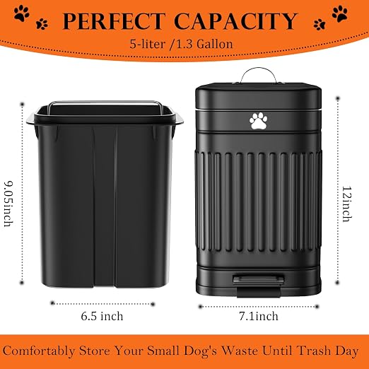 Dog Poop Trash Can Outside, 5L/1.3Gal Metal Dog Waste Trash Can with Lid, Foot Pedal, Pet Waste Container with 40 Bags, Poop Bucket with Lid Soft Close for Pet, Black - Image 2