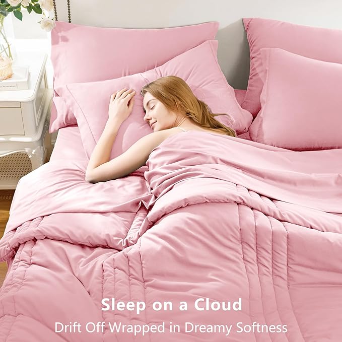 CozyLux King Comforter Set - 7 Pieces Bed in a Bag Pink Comforter Set with Sheets Luxury Bed Set All Seasons, Soft Bedding Set with Down Alternative Comforter, Sheets, Pillowcases & Shams