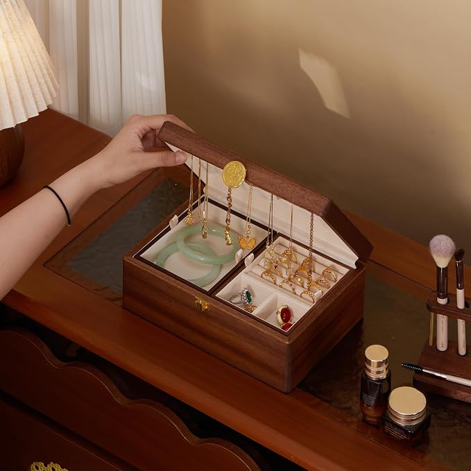 Wooden Jewelry Box For Women Jewelry Organizer Box With Lock 2 Layer Jewelry Holder Organizer For Necklace Ring Earring - Image 6