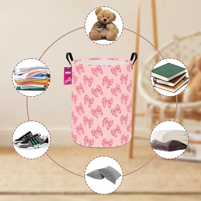 Laundry Hamper Large Canvas Fabric Lightweight Storage Basket/Toy Organizer/Dirty Clothes Collapsible Waterproof for College Dorms, Boys and Girls Bedroom,Bathroom(Pink bowknots) - Image 8