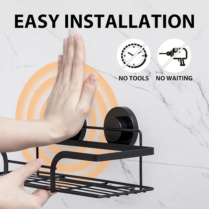 LEVERLOC Shower Caddy Suction Cup, 2 Pack Shower Shelves for Inside, Black Rustproof Metal Bathroom Storage NO-Drilling Bathroom Organizer with Large Capacity, Heavy Duty Storage Basket - Image 2