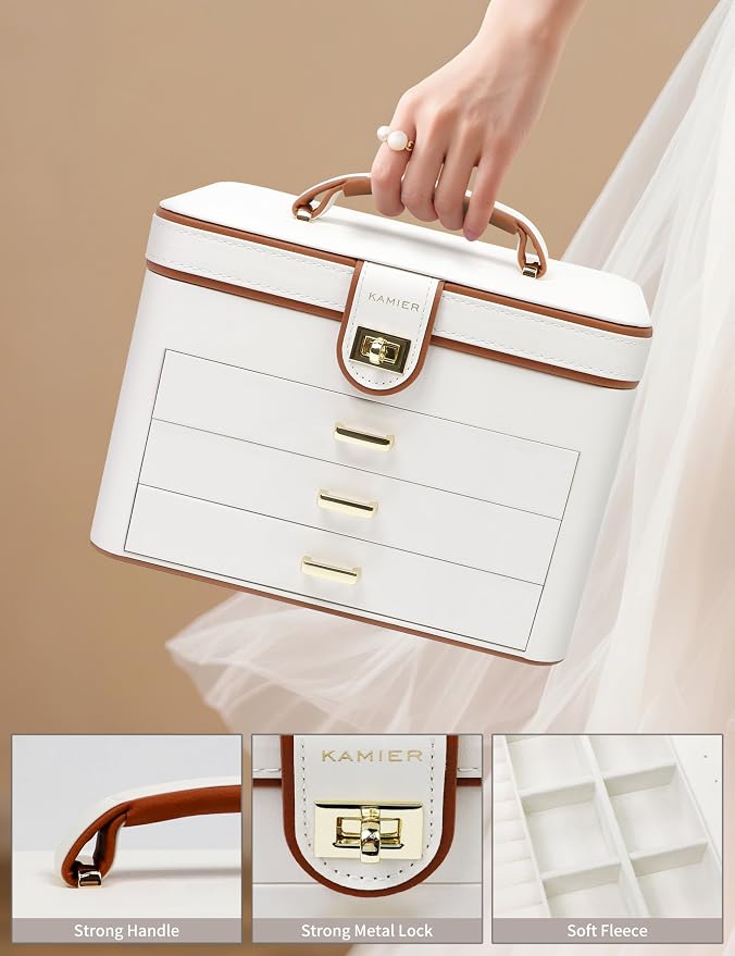 KAMIER Jewelry Boxes for Women, 4 Layer Jewelry Organizer with Mirror, 3 Drawers, Jewelry Storage Box, Christmas Gift, for Earring, Necklace, Bracelet, Ring, White - Image 2