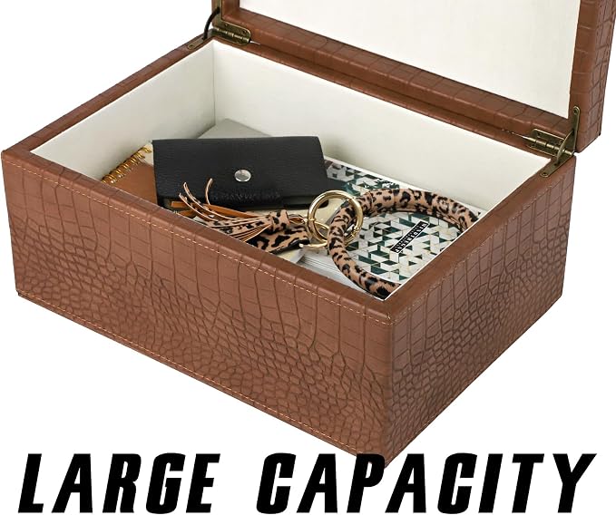 HofferRuffer Faux Leather Decorative Box, Large Wooden Structure Keepsake Box Accessory Organizer Jewelry Organizer with Hinged Lid, Storage Container for Home or Office (CrocoBrown) - Image 7