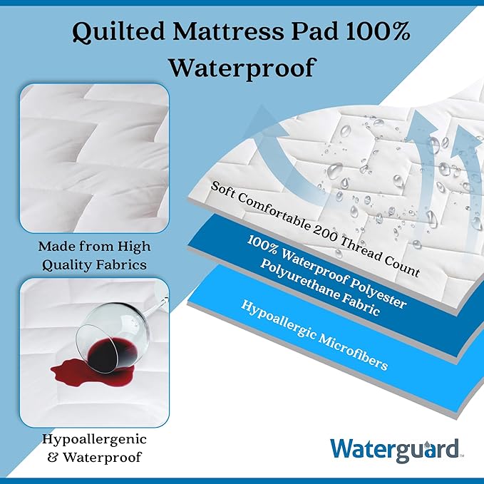 Waterguard Quilted Cotton Mattress Pad - Queen Size - Soft, Comfortable, and Fluffy Mattress Pad - Waterproof Mattress Protector Stretched 15" for Snug Fit on Regular Sized Mattress