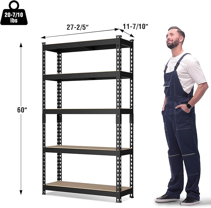 WORKPRO 5-Tier Steel Shelving Unit-Black, 27-2/5"W x 11-7/10"D x 60" H, Adjustable Storage Rack, Heavy Duty Shelf with MDF Board, 1650 lbs Load Capacity (Total) for Garage, Basement, Kitchen - Image 3