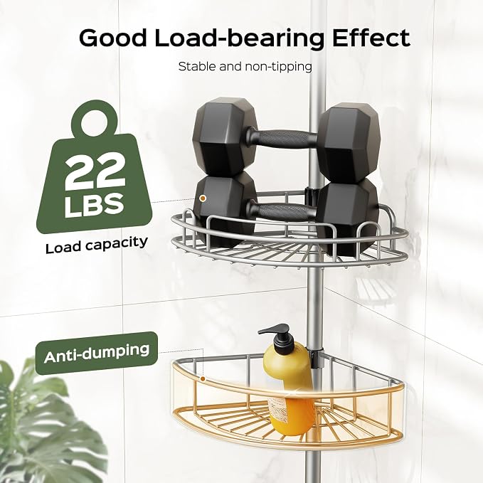 HAMITOR Corner Shower Caddy Tension Pole: 4-Tier Rust-Resistant Adjustable Bathroom Organizer Shelves - 47-121 Inch No-Drill Quick Installation - Space-Saving Storage for Renters Family - Silver Gray - Image 6
