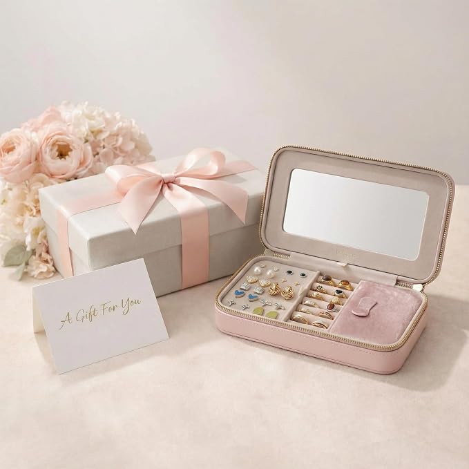 Travel Jewelry Case with Mirror, Quilted Small Jewelry Box Organizer for Women Girls, Portable Earring Necklace Bracelet Ring Holder Storage for Travel Weekend Trips (Blush Pink) - Image 6