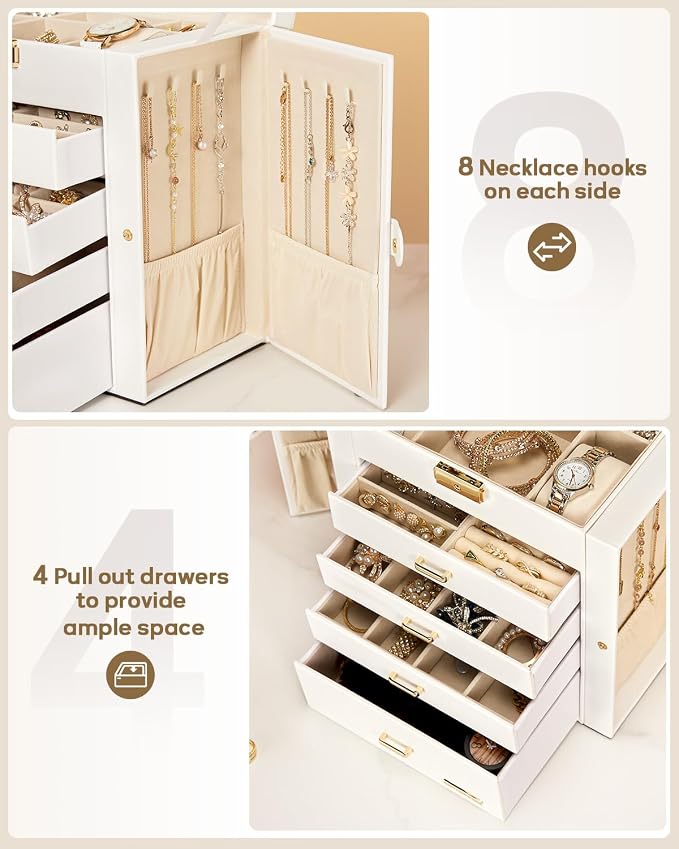 Homde Synthetic Leather Huge Jewelry Box Mirrored Watch Organizer Necklace Ring Earring Storage Lockable Gift Case (White + Gold) - Image 5