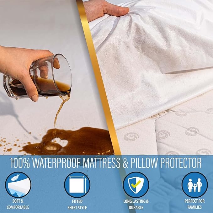 Waterproof Mattress Protector Twin Size with 1 Pillow Cover - Breathable, Hypoallergenic, Cotton Terry Mattress Protector for Safe, Noiseless, Non-Sweaty 8" to 14" Deep Mattress